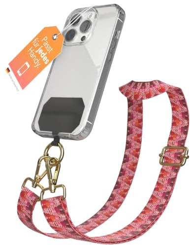 EAZY CASE - Handykette Universal zum Umhängen kompatibel mit jedem Handy Kette mit Hülle kombinierbar Handykordel Karabiner für Handyhülle Handyband zum Umhängen Zickzack - Beere Metall Gold