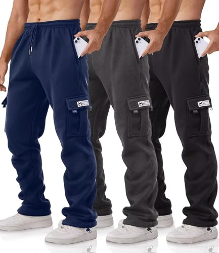 Minorlee 3er-Pack Cargo Jogginghose Herren, Cargohose Herren mit Taschen Trainingshosen Herren Fleece Bequeme Passform-Sporthose Herren Lang Taktische für Wandern