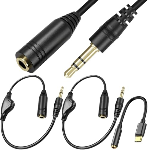 HAAMNING7 3.5mm Headphone Extension Cable, 3.5mm TRS Male to Female Stereo Audio Plug Jack Adapter Cord with Volume Control for Tablets, MP3, with Type-C to 3.5mm Audio Cable (2 Pack)