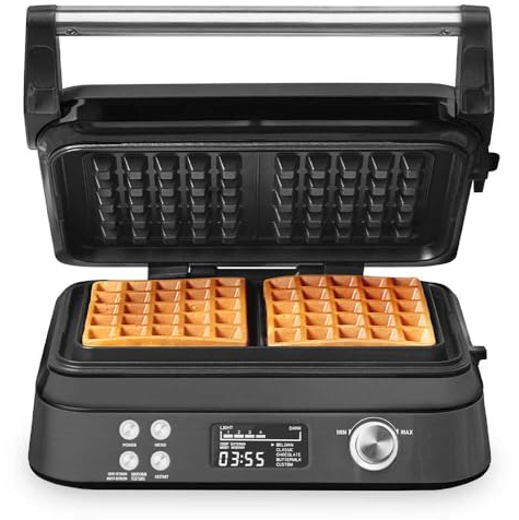 Waffeleisen Belgische Waffel mit 7 Bräunungsstufen - 1600 Watt | LCD Display, Antihaft Waffelmaschine für Dicke Waffeln, Keramikbeschichtung, Höhenverstellbar Schwarz