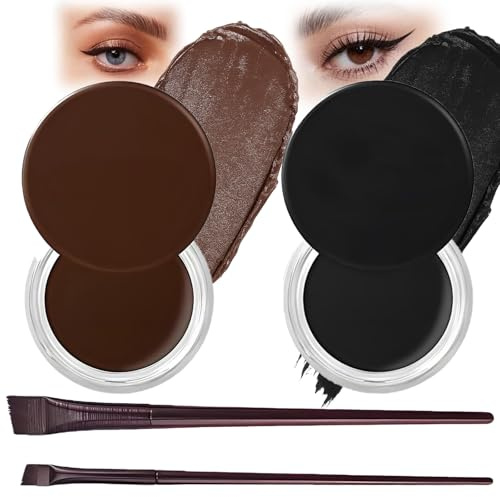 2PCS Waterproof Gel Eyeliner Pot Set with 2 Brushes for Eyes - Smooth Cream Formula with Smudge Proof, Black and Brown Shades, Easy Application for Eyeliner and Brow Styling (Black & Brown)