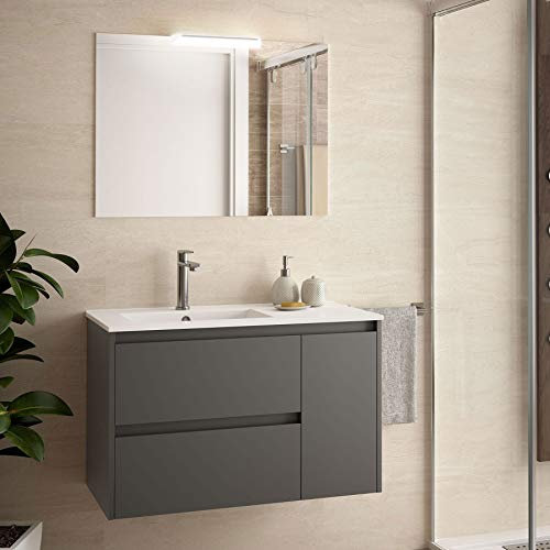 Yellowshop - Mobile Mobiletto Da Bagno Sospeso In Legno Cm 85 Completo Di Specchiera Lampada Led E Lavabo In Porcellana Arredo Modello Noja 855 Varie Colorazioni (Grigio opaco)
