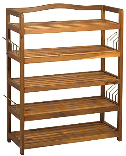 HOMCOM 5-Tier Shoe Rack, Acacia Wooden Shoe Storage Organiser with Hangers, Holds up to 19 Pairs, for Entryway, Living Room, 64 x 26 x 82 cm, Teak
