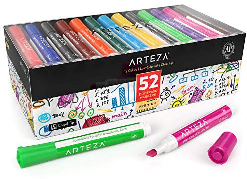 ARTEZA Whiteboard Pens, Pack of 52 (with Chisel Tip), 12 Assorted Colours with Low-Odour Ink, Dry Erase Marker Set for School, Office, or Home