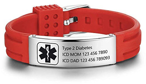 Grand Made Kostenlose Gravur 9 Zoll Silikon Einstellbare Medizinische ID Armbänder für Männer Frauen Kinder - Wasserdichte Edelstahl Gummi Alert Sport Emergency (Red & Silver 1)