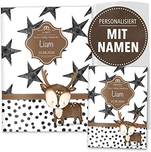 OLGS U-Heft Hülle 3-teilig Set Creative Royal | Untersuchungsheft Hülle & Impfpasshülle personalisierbar mit Namen und Geburtsdatum (U-Heft Set 3-teilig personalisiert, Hirsch)