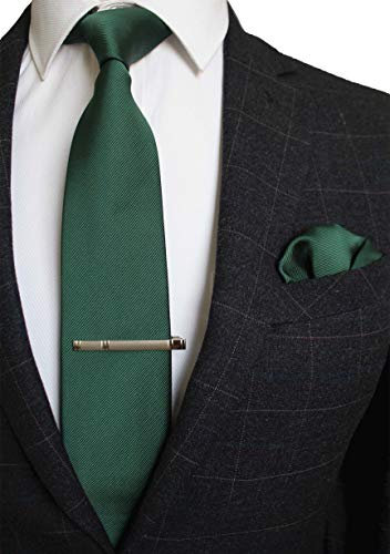 JEMYGINS Cravate vert foncé Homme en Soie et Pinces à cravate Carre de poche Set(2)