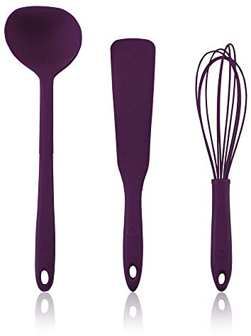 Kochblume Pfannkuchen Set - Schöpfkelle S + Spatel + Schneebesen L - 3 tlg. | Premium-Silikon & BPA frei | Hitzebeständig | Spülmaschinenfest | Farbe: lila