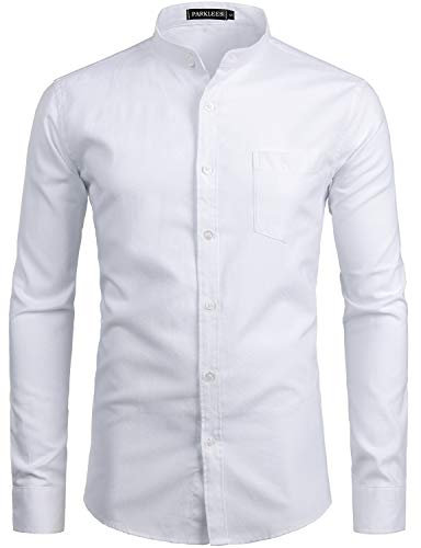 PARKLEES Mens Hipster Design Grandad Collar Oxford Shirt Slim Fit Long Sleeve Casual Button Down Dress Shirts with Pocket White M