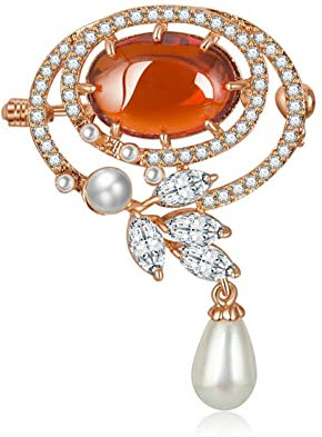 KnSam Damen Brosche, Ansteckpin Gold Runde Blattform Kupfer Anstecker Zubehör Frau Mädchen Zirkonia Orange Anstecknadel