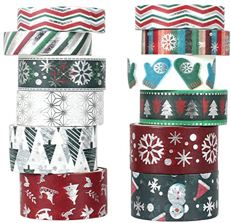 FINDIR Weihnachtliches Washi Tape Set 12 Rollen Masking Tape Weihnachten Dekoratives Klebeband Weihnachten Washi Tape Set für Scrapbooking Weihnachtsdekorationen Breite 1 cm/1,5 cm/2 cm