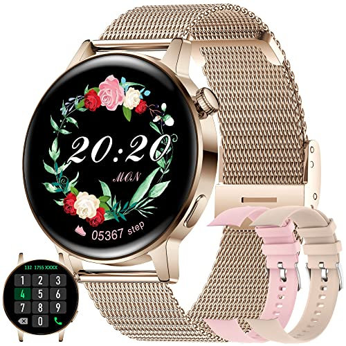 SGDDFIT Smartwatch Damen mit Telefonfunktion 1.36 Zoll HD Armbanduhr SpO2 Pulsmesser Schlafmonitor Menstruationszyklus Schrittzähler Musikplayer Android iOS, Geschenke für Frauen (Gold)