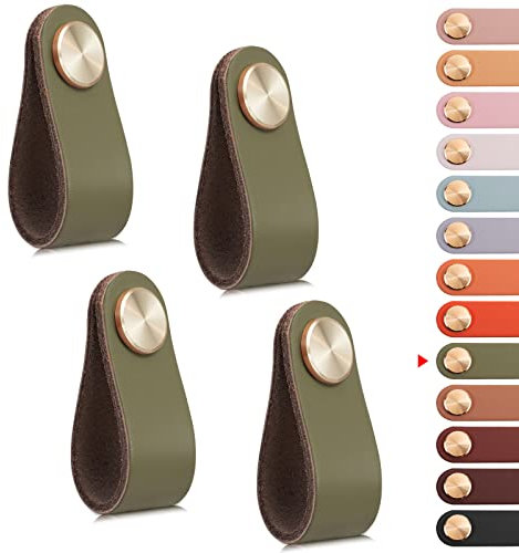 LEREATI Leather Drawer Handles & Knobs - 4pcs Kitchen Cupboard Handles & Pulls, Door Knobs for Cupboards, Wardrobe, Dresser, Closet (Green, Single Hole)