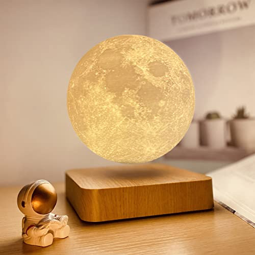 Jauhmui Schwebende Mondlampe,In der Luft frei schweben und Spinnen mit hölzerner Basis und Mondlicht des Druck-3D,schwebende Lampen,LED-Mondlampen,für Zuhause,Büro,Schlafzimmer, (3 Farben) (A)