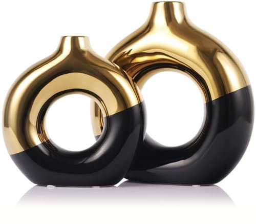 Blumenvase für Wohnkultur – goldene und Schwarze Keramikvasen, 2er-Set, Donut-Vasen für Dekoration, Moderne Boho-Dekovase, runde Hohle Pampasgrasvase, Esstisch, Kaminsims und Tafelaufsatz