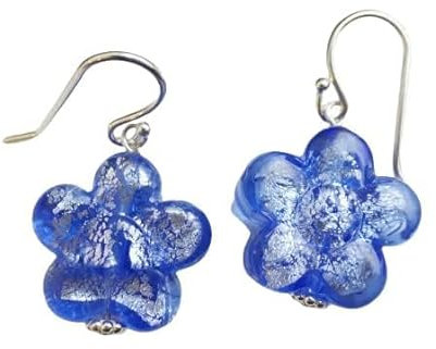 Murano Glas Blau Blumen Sterling Silber Ohrringe 2 - Geburtstagsgeschenk - Weihnachtsgeschenk - Handgefertigte Geschenkideen für Frauen