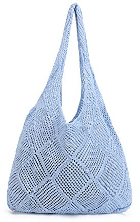 Stizimn Borsa a tracolla da spiaggia in rete all'uncinetto, borsa a tracolla, borsa estiva cava per donna, Blu
