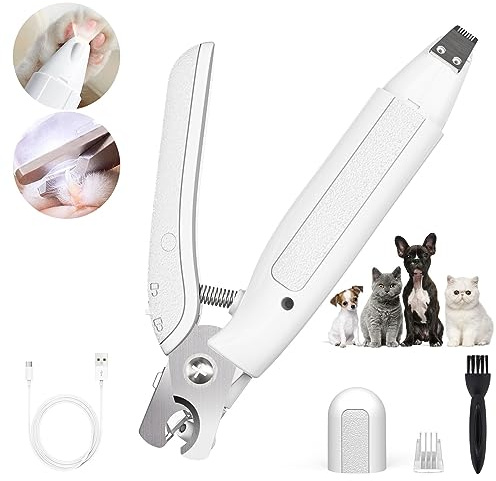Kriogor Dog Nail Clippers with Hair Clippers for Eyes Paws Ears Hip of Pets with 2 LED Lights & a Splash-Proof Nail Organiser，Quiet Cordless Pet Grooming Clippers for Small Cats Dogs Trimming at Home