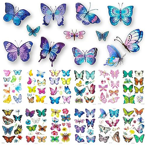 Bomtop 124 Stück Schmetterling Temporäre Damen Aufkleber schmetterlinge Tattoo Schmetterlings Blumen Temporäre für Musikfestival Ball Party Cosplay für Erwachsene Kinder