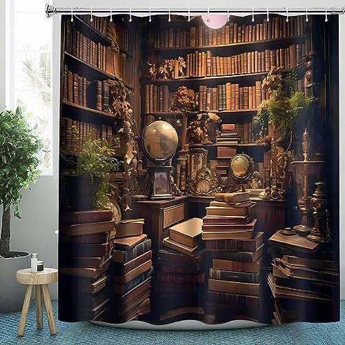 CLOXKS Wasserdichter Duschvorhänge Bibliothek, Vintage Bücherregal Duschvorhang 200x220 Anti-Schimmel - Duschvorhang Textil für Badewanne mit 12 Haken