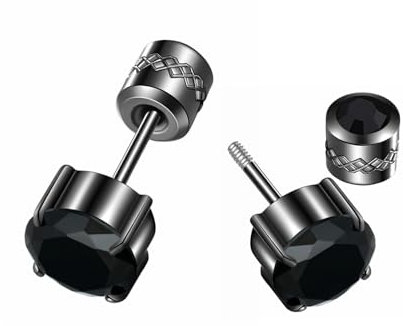 ZOCOYUU 4 Pairs Titanium Screw Back Surgical Stainless Steel Stud Earrings for Women Men,Rainbow 5A Cubic Zirconia Studs Double Side Earrings Piercing Sleeper Studs Jewelry 6mm (Black-Black-6mm)