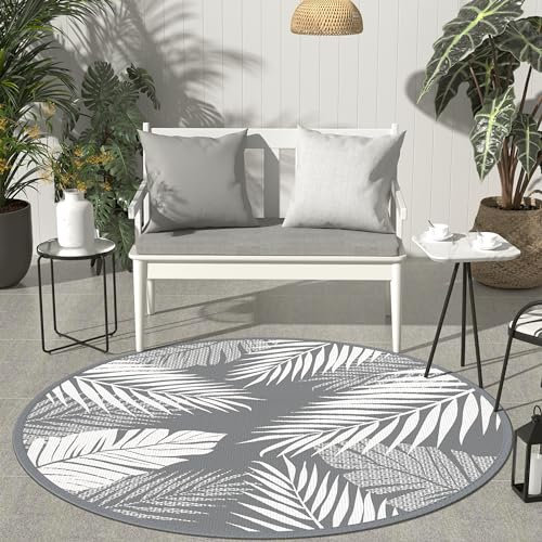 GENIMO Outdoor-Teppich, rund, wasserdicht, für Terrassen, wendbar, Kunststoff, Stroh, Campingteppich, große Fläche, Matten für Wohnmobil, Wohnmobil, Deck, Balkon, Veranda, Strand, Picknick, Grau und