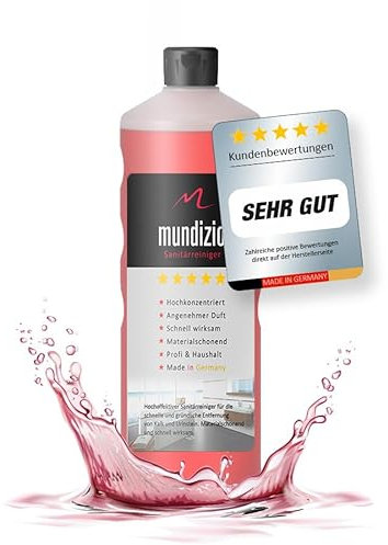 mundizio Sanitärreiniger mit Anti-Kalk Power-Formel | Löst Kalk und Urinstein auf Armaturen, Fliesen und Duschkabinen | Profi Qualität | 1000 ml Flasche | Made In Germany