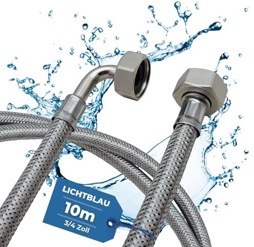 Lichtblau Tuyau d'alimentation en acier inoxydable résistant aux torsions I 10 m I Raccord 3/4 Machine à laver lave-vaisselle I Tuyau blindé coudé/droit avec joint I Utilisation universelle