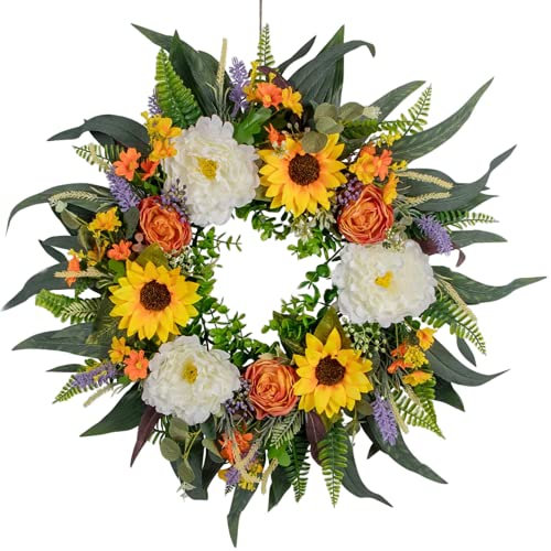 Summer Wreath, 40cm/15.7inch Artificial Peony Sunflower Wreaths, Wildflower Spring Wreaths for Front Door Farmhouse Home Decor