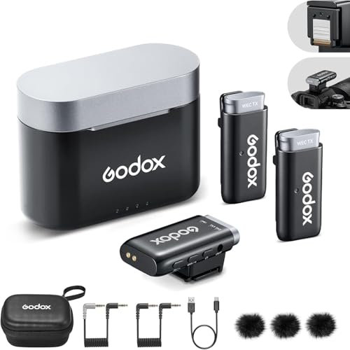 Godox WEC-S Kit2 Drahtloses Mikrofonsystem für Sony,Hotshoe Mount Receiver für Sony Kamera,8H Akkulaufzeit, Zweikanaliges 2,4G-Funkmikrofon, 200m Reichweite,Lavaliermikrofon mit Geräuschunterdrückung