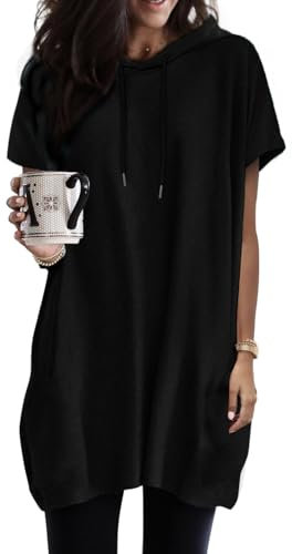 Dokotoo Kapuzenpullover Damen Hoodie Sommer Kurzarm mit Kapuze Pullover Sweatshirt Tops Oversize Tshirt Lässig Einfarbig T-Shirts Oberteile Schwarz XL