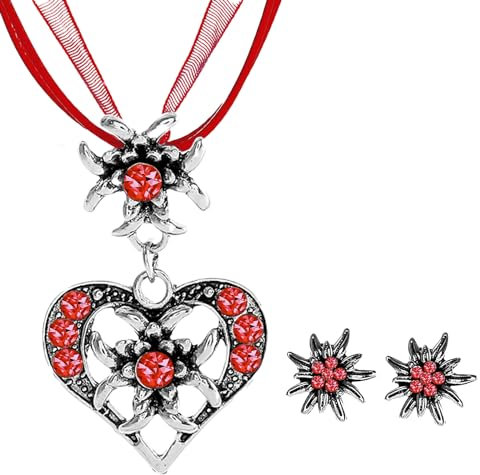 APMGONT 3 Stück Bayerisch Dirndlschmuck Set für Damen, Trachtenkette mit Strass Edelweiß Herz Anhänger Edelweiß Ohrstecker Trachtenschmuck Set für Oktoberfest Bierfest Dirndl (Rot)
