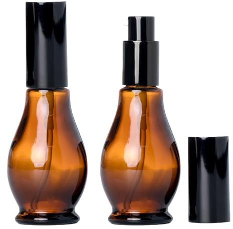 Upstore 2Pcs 50ml 1.7oz Amber Glass Bottles with Black Pump Travel Size Lotion Dispenser for Essential Oil Cream Shampoo Foundation Cosmetic Containers