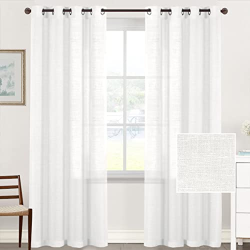 Tenger Home Natur Leinen Gardinen Transparent Vorhänge Voile Gardinen Wohnzimmer Halbtransparent Leinengardine mit Kräuselband Linen Curtains Wohnzimmer 2er Set (Weiß, B 120 x H 120 cm)