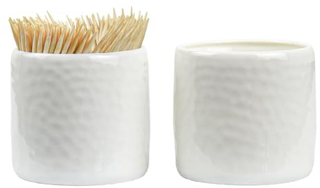 Iyulania Porcelain Toothpick Holders, Set of 2 Toothpick Dispensers with 400 pcs Bamboo Toothpicks, White