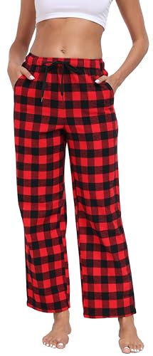 goodmansam Pantalon de Pyjama Long à Carreaux Pour Femme 100% Coton Bas de Pyjama Chaud Vêtements de Pantalon de Doux Loisirs Légeravec Poches et Cordon de Serrage, Noir et Rouge, XL
