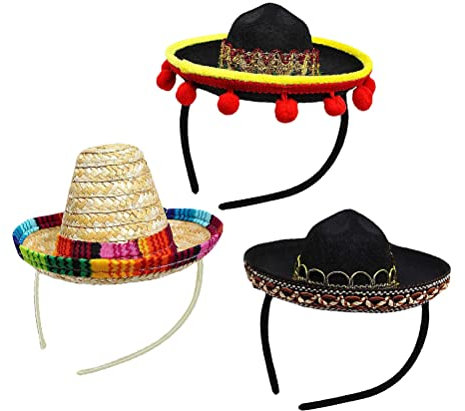 Sunisfa 3er-Pack Cinco De Mayo Fiesta-Hüte, Vlies- und Stroh-Sombrero-Stirnbänder, Haustiere, Erwachsene, Mexikanische Partydekorationen (3PCS Bildfarbe)