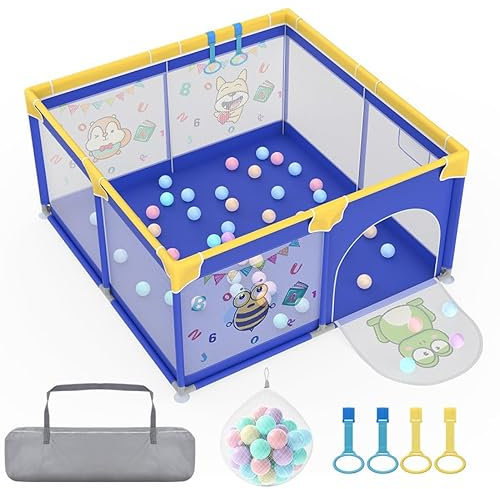 Aufun Laufstall Baby Laufgitter 300D Oxford Gewebe, mit Anti-Kollision Schaum Absperrgitter, Atmungsaktivem Netz, Reißverschluss (Blau, 127x127x68cm)