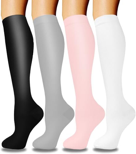 ACTINPUT 4 Paar Kompressionsstrümpfe für Damen Herren, Bunte Stützstrümpfe Kompressionssocken für Sport, Flug, Laufen, Reisen, Radsport, krankenschwester(4103 - Weiß,L-XL)