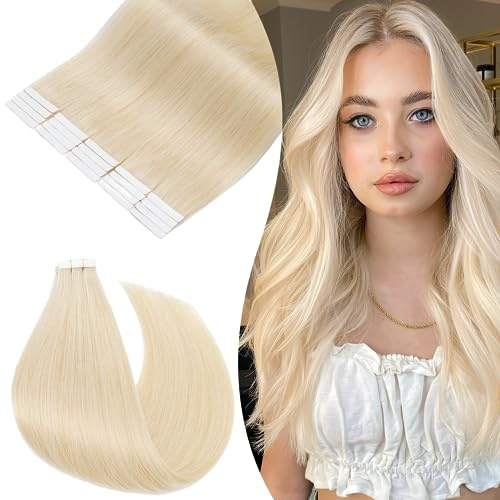 Rich Choices Tape Extensions Echthaar Tape in Extensions 30cm 20 Stück #60 Platinblond Haarverlängerung Echthaar Remy Seidig Gerade Invisible Tape ins Haar Extensions Natürliche Haarverdichterung