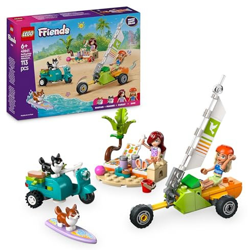 LEGO Friends Strandabenteuer mit Hunden, Bauspielzeug für Mädchen ab 6 Jahren, Tier Spielset mit 2 Minifiguren und 2 Corgi Figuren, Geschenk für kreative Kinder, Abenteuer Bauset mit Surfbrett 42641