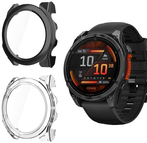Holilo 2 Stück Hülle Mit Gehärtetes Glas Displayschutz für Garmin Fenix 8 47mm Rundum Schutzhülle,Vollständige Abdeckung Schutzhülle Ultradünne Kratzfest Schutz Case-Schwarz+Transparent