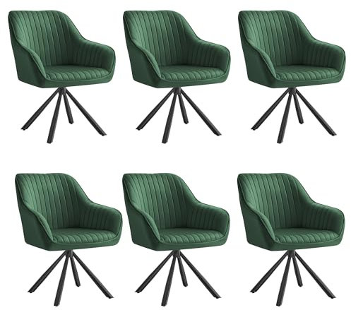 SONGMICS Esszimmerstuhl 6er Set, Küchenstuhl, Sessel drehbar, Samt, Polsterstuhl mit Armlehnen, bis 120 kg belastbar, Stahlbeine, für Esszimmer, Küche, grün-tintenschwarz KDC161C16