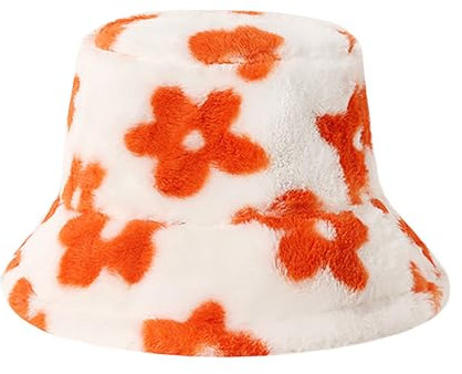JJDreams Bucket Hut Damen Winter,Weiche Kunstpelz Flauschige Fischerhut Für Den Täglichen Verschleiß Und Outdoor-Aktivitäten,Orange Blume