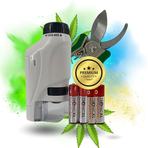 TronicXL Grow Ernte Helfer I Taschenmikroskop mit LED + Ernteschere + Akkus I Ernte Komplett Set Grower Zubehör für Growbox Anbau ernten Erntezeitpunkt erkennen