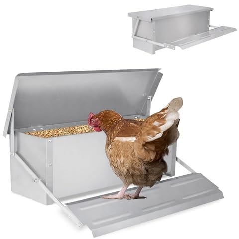 ORHEYA Automatischer Hühner Futterautomat 10 kg Geflügelfutterautomat aus verzinktem Stahl, Futterspender Futtertrog für Geflügel mit rattensicheren Füßen und wasserfestem Deckel für Hühner, Enten