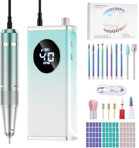 HOMEASY Ponceuse pour Ongles Professionnel: 40000 RPM Portable Lime à Ongles Électrique Rechargeable, 16 en 1 Ponceuse Ongle, Kit de Manucure Pédicure Vitesse Réglable pour Salon/Maison, Bleu Blanc