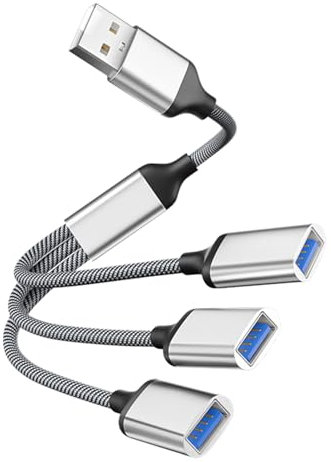Powice US B Splitter, US B Splitter 1 to 3 US B2.0 Cable, US B Distributor, US B Adapter, USB Double Plug, Suitable for Data Transfer via USB Interface Extension, Silver