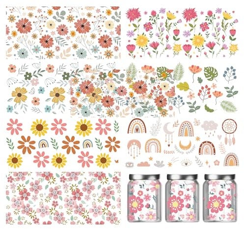 UV DTF Cup Wrap Stickers - 8 Sheet Flower UV DTF Cup Wraps Decals Stickers Flowers Rub On Transfers PVC Transfer Waterproof for 16 Oz Glass Tumblers Wood Decoration DIY Crafts Supplies