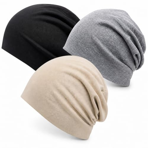 LandReCol 3er Chemo Kopfbedeckung Damen, Sommermütze Damen Set Schwarz Khaki Grau, Kopfbedeckung Damen Sommer Atmungsaktiv, Beanie Damen Dünn Weich, Chemo Kopfbedeckung Damen Sommer Schlafmütze
